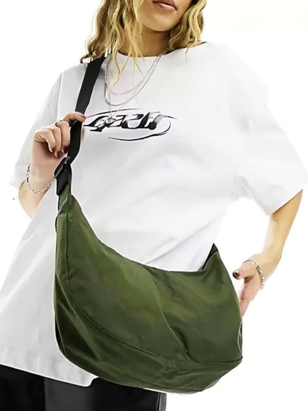 Olive Green Nylon Hobo Crescent Crossbody Bag
